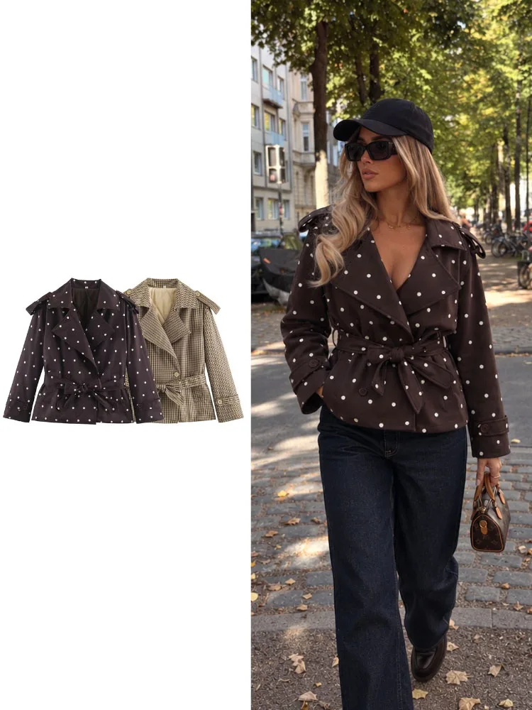 HH Women Short Trench Coat Fall Spring Belted Double Breasted Jacket Polka Dot Plaid Lapel Casual Office Commuter Outerwear