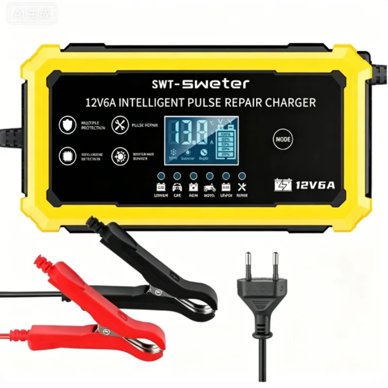 EU Plug SWT-3610 12V 6A Car Battery Charger Pulse Repair LCD Display Smart Fast Charge AGM Deep Cycle GEL Lead-Acid Charger