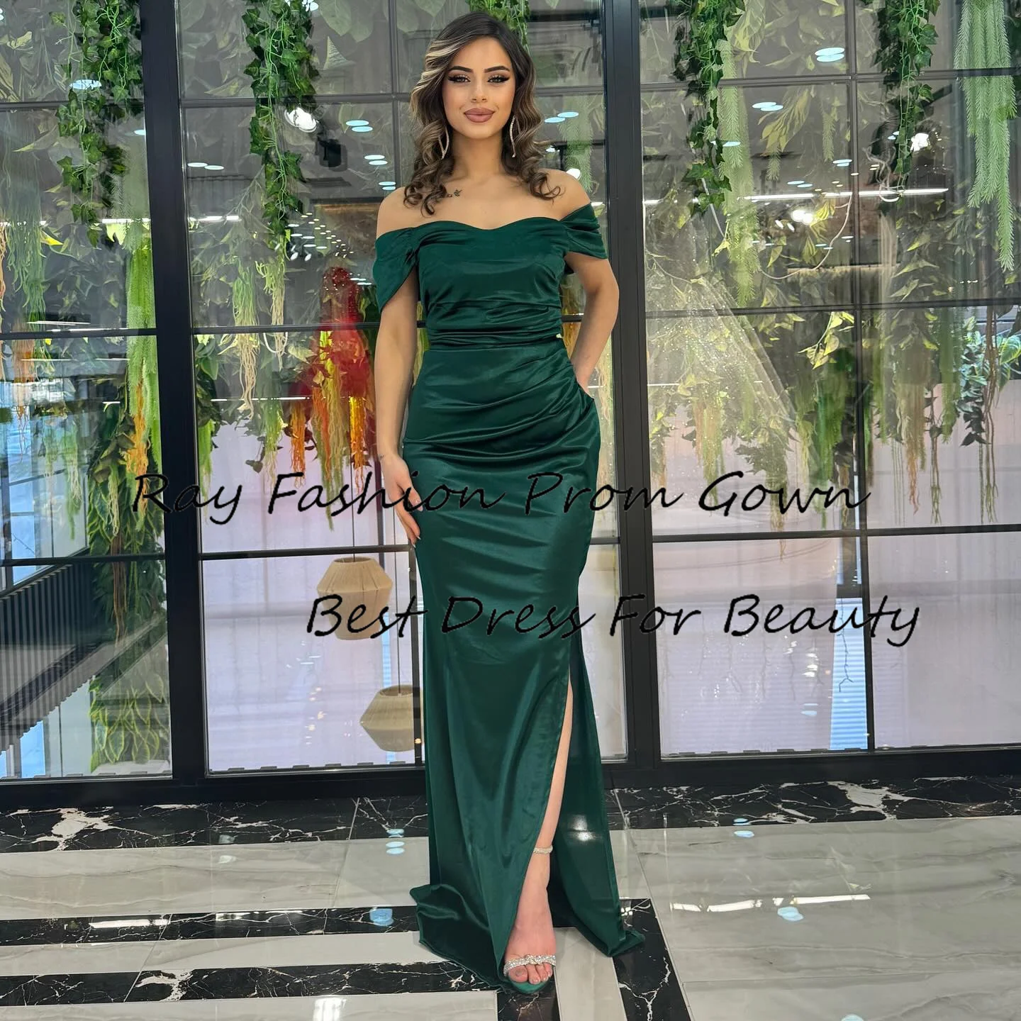 

Romantic Green Customize Mermaid Cocktail Dress Satin Sweetheart With Off Shoulder Sleeveless Party Gowns For Formal Evening