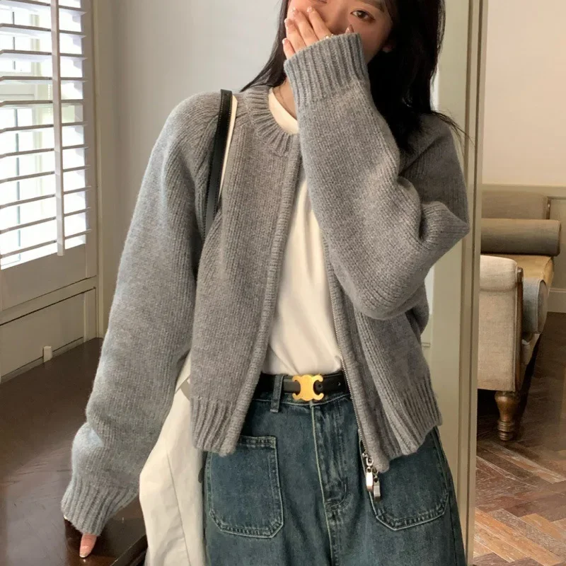 Thick Needle Zipper Short Knitted Sweater Cardigan 2024 Japanese and Korean Autumn New French Lazy Style Top Jacket