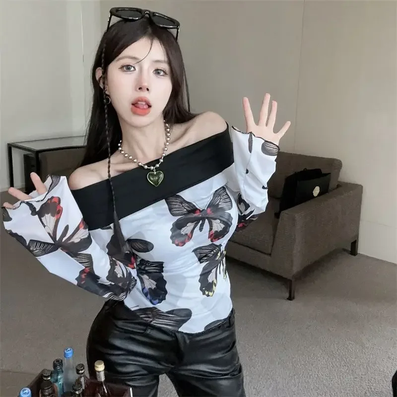 Pure Sexy Hot Girl Printed One-length Neck Off-shoulder Top for Women Design Niche Long-sleeved T-shirt