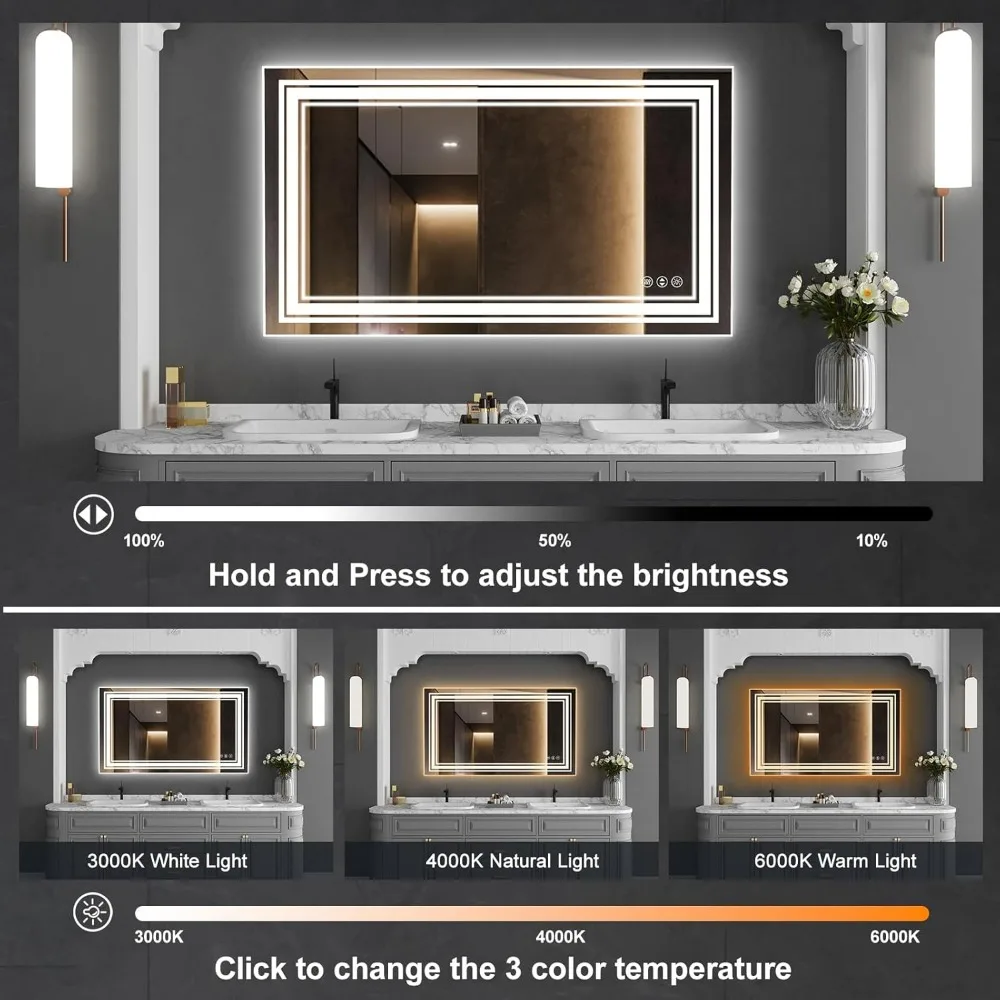 Espelho de banheiro LED de 48 "x 32" com frente e luz de fundo, espelho de banheiro montado na parede regulável com antiembaçante, à prova de estilhaços, memória