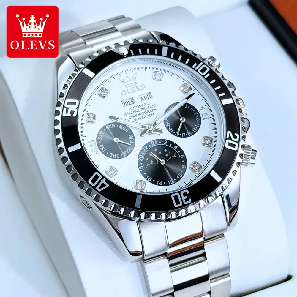 ساعات OLEVS من أفضل العلامات التجارية للرجال، ساعة يد ميكانيكية أوتوماتيكية أصلية من الفولاذ الفاخر مقاومة للماء، تقويم مرحلة القمر