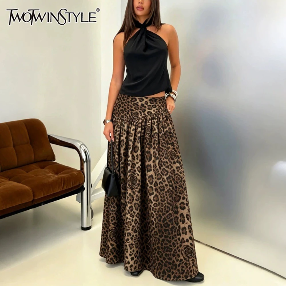 TWOTWINSTYLE Trend Leopard Printed Maxi Women Skirts High Waist A Line Flowy Long Skirt for Daily Street Casual Party Summer New