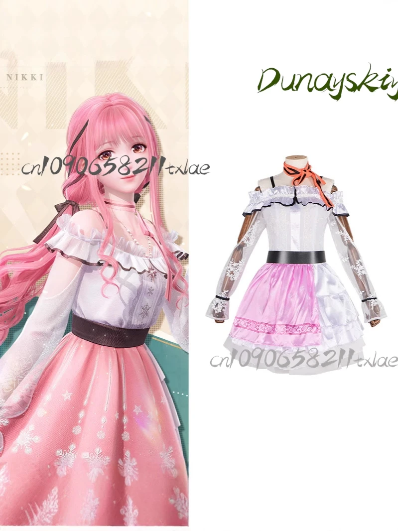 ニッキコスプレアニメインフィニティニッキ甘いピンクロリータドレス制服かつらセットハロウィンパーティー衣装女性のためのスカートカスタマイズ
