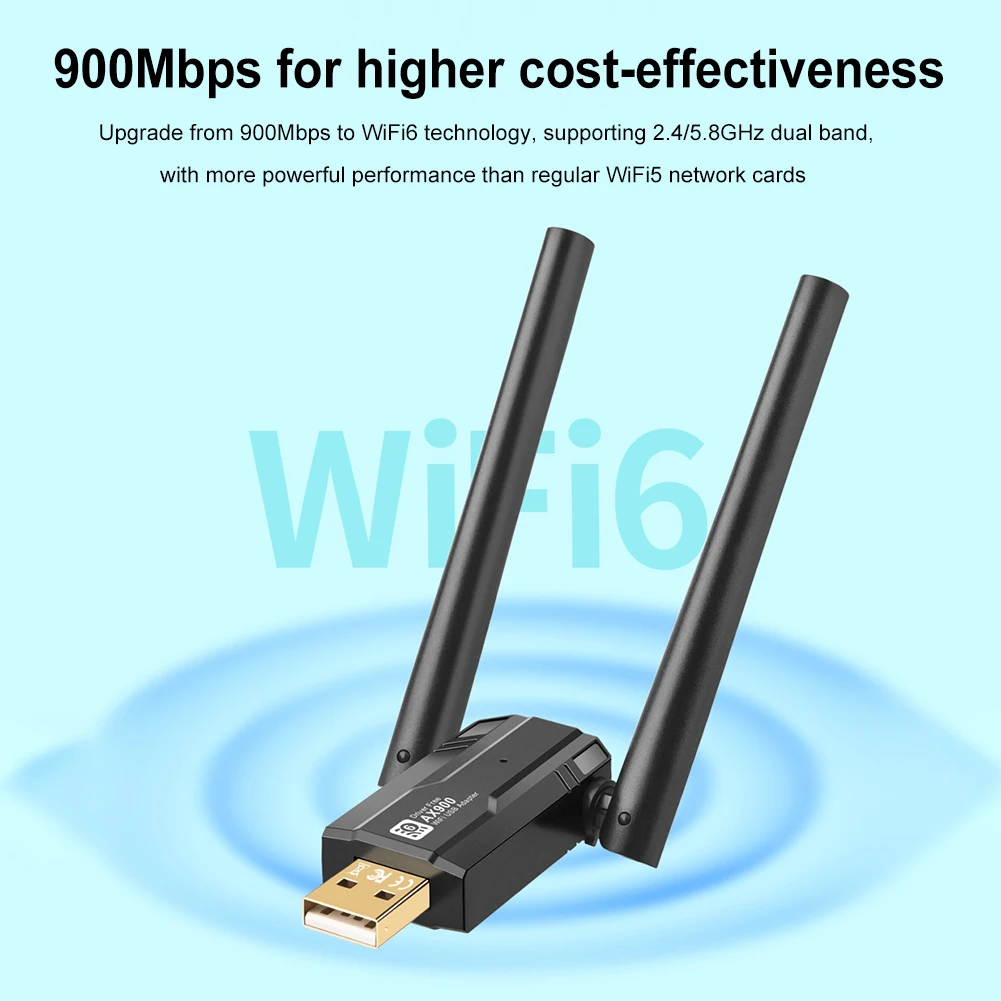 900Mbps USB WIFI 6 Kartu Jaringan 5dBi Antena Perolehan Tinggi Dual Band 2.4/5Ghz Adaptor Jaringan Nirkabel untuk PC Laptop Tablet