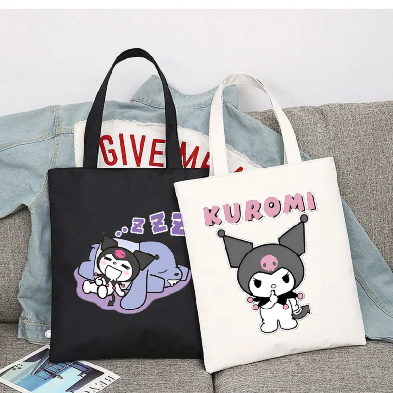 Sanrio Kuromi bolso de mano con estampado de dibujos animados, bolso de moda para mujer, bolsas de almacenamiento de hombro para niñas, bolso de compras de viaje de lona para mujer