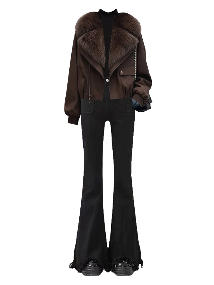 الرجعية الفراء طوق Jaet Bla قاعدة أعلى متوهج الجينز المرأة الشتاء تي شيرت مجموعة صغيرتي أناقة فرقة الملابس القطنية