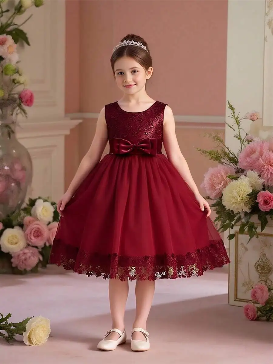 

Elegant Sleeveless Burgundy Evening Dress With Bow And Lace Trim