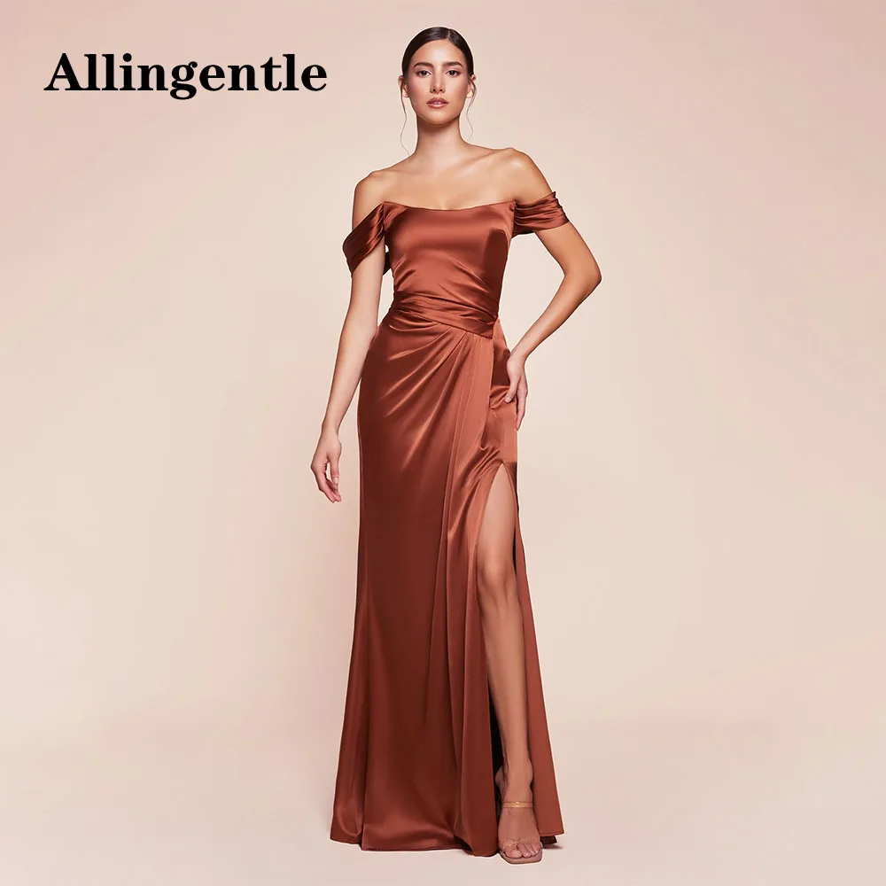 Allingentle Off Shoulder Evening Dresses For Women Mermaid Satin Bridesmaid Dress with Slit Ruched Prom Party Gowns Customized