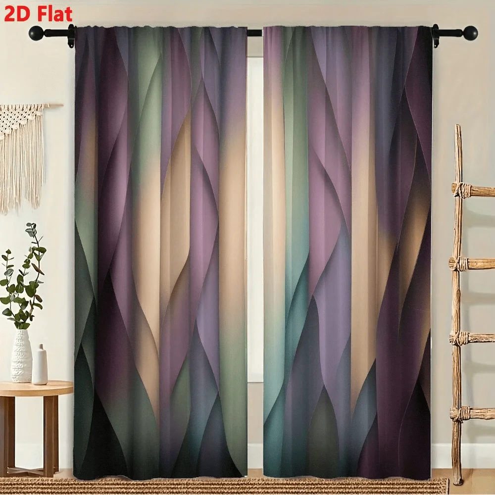 

2Pcs Curtain Green Beige Teal Gray Wave Ribbons Window Drapes for Bedroom Living Room Decoration Window Treatment.