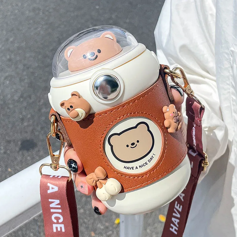 

New Kawaii Cute Bear Thermos with Straw Portable Leakproof Kindergarten Flask Hot Drink Water Bottle Summer Kids Surprise Gift