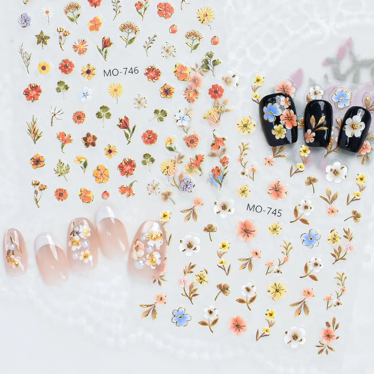 Gold Foil Flower Nail Art Stickers Vintage Floral 5D Embossed Nail Decals Self-Adhesive Nail Art Decorations DIY Manicure Tools