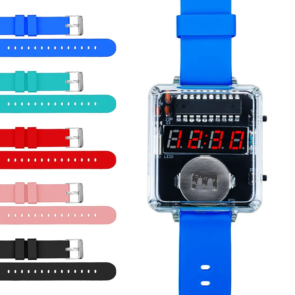 Прозрачный корпус, комплект электронных часов, цифровой трубчатый дисплей, силиконовый ремешок, светодиодный цифровой трубчатый дисплей, сделай сам, мощность 3 В