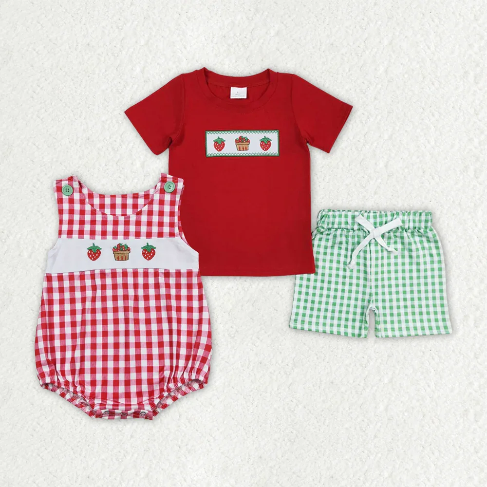BSSO0810 Wholesale kids clothes boys Embroidered strawberry short-sleeved shorts sets Summer Boutique baby boy clothes sets