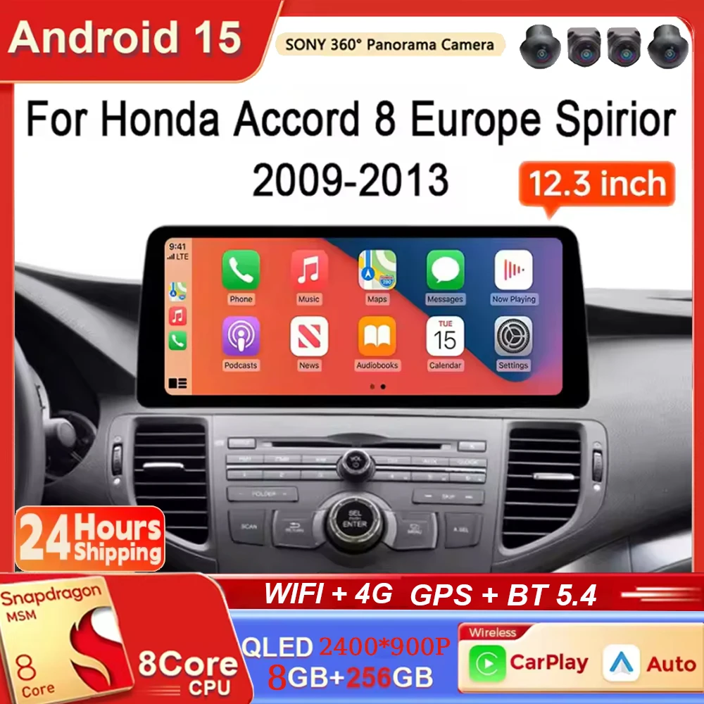 

Для Honda Accord 8 Spirior Acura TSX 2009-2013 12,3-дюймовое автомобильное радио на Android 15 с 4G, Wi-Fi, CarPlay, Auto, мультимедиа, стерео, видео, GPS