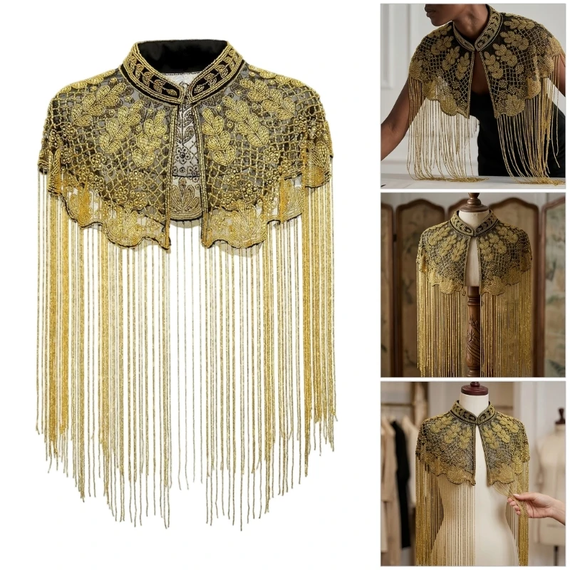Q0KE Beaded Fringe Shawl for Women, Lightweight Open Front Shoulder Wrap for Party Evening and Stage Wear Styling Use