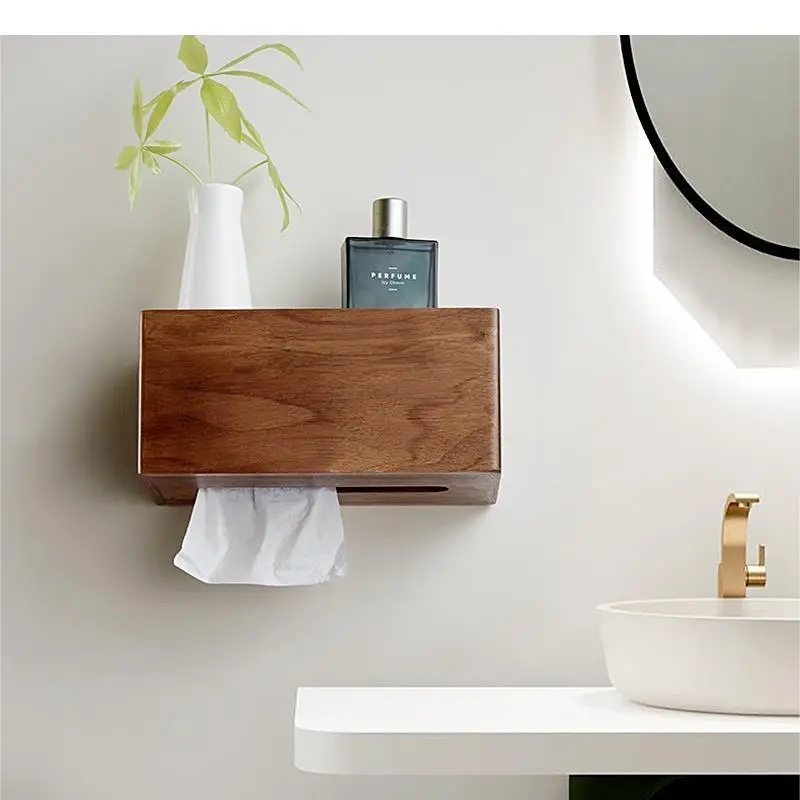 Wall-mounted Tissue Holder Rectangular Wooden Box Toilet Paper Roll Holders Napkin Bathroom Shelf