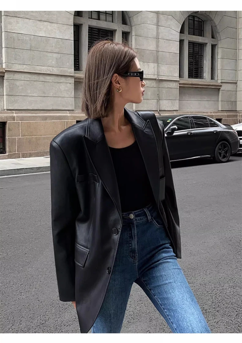 Lautaro Autumn Black Brown Soft  Pu Leather Blazer Women Shoulder Pads Long Sleeve Single Breasted Loose Casual Korean Fashion