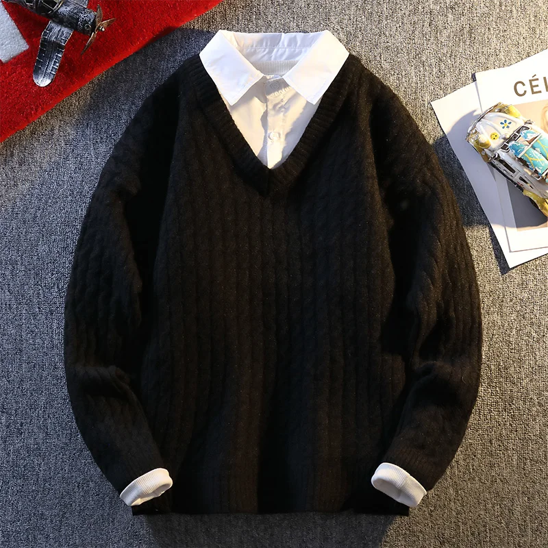 Fake Two-piece Shirt Sweater Pullover Spliced   long-sleeved Casual Fashion Top