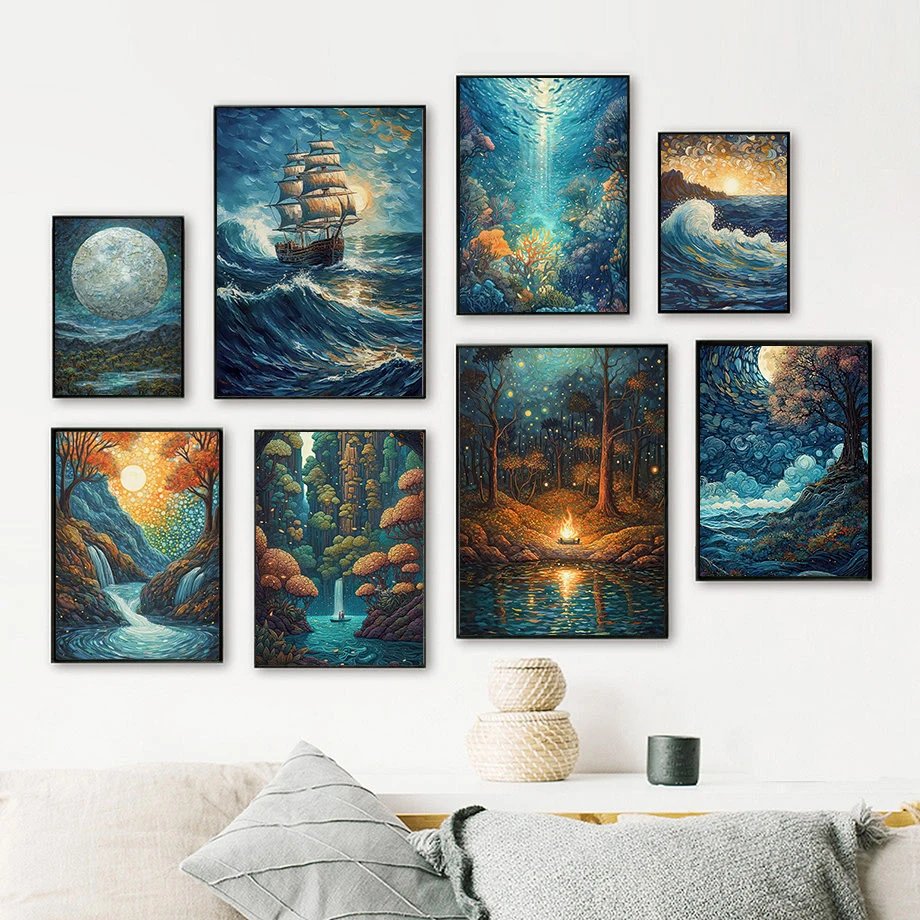 

Enchanted Forest Wall Decor Ocean Print Moonlit Forest Print Wall Art Canvas Painting Nordic Poster Home Living Room Decor