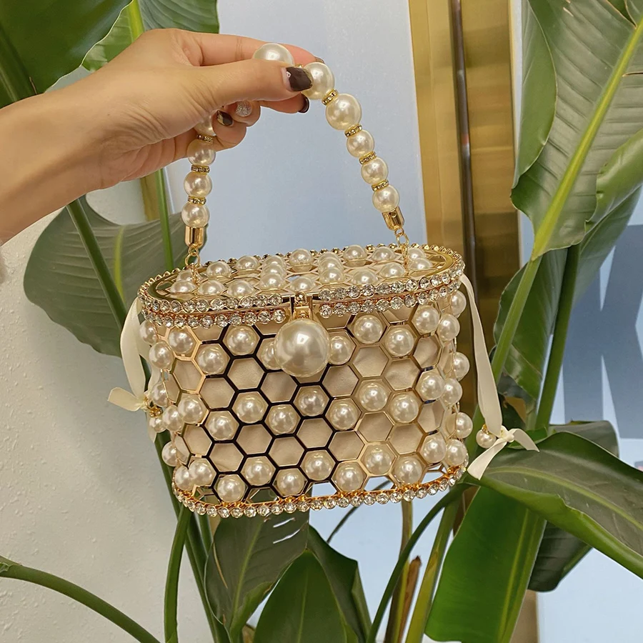 

Women's Crystal Hollow French Style Metal Basket Handbag Sequins Pearl Drill Handheld Shoulder Bag For Evening Party Totes Bag