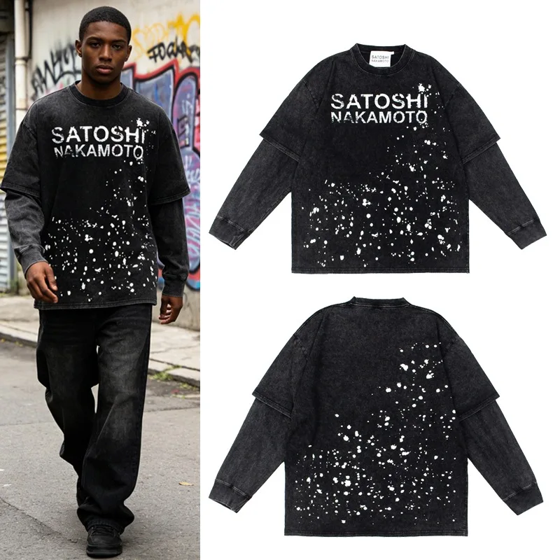 Satoshi Nakamoto Retro Splatter Letter Fake Two-Piece Long-Sleeve Insulated Shirt T-Shirt