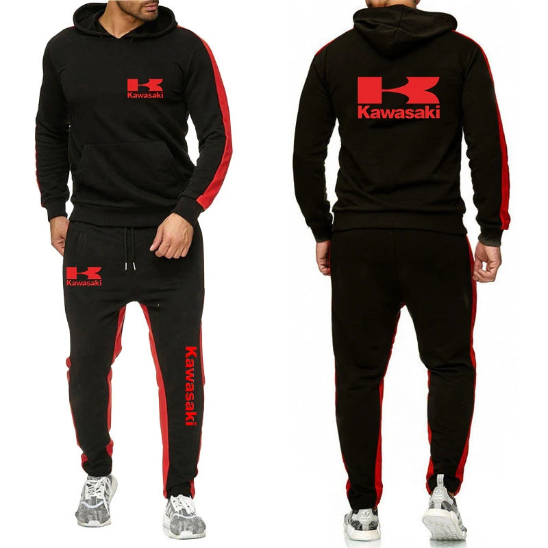 Spring Autumn Men Kawasaki Two-piece Set Kawasaki Motorcycle Racing Logo Print Fashion Casual Cool Hoodies+Sports Pants Suits 88