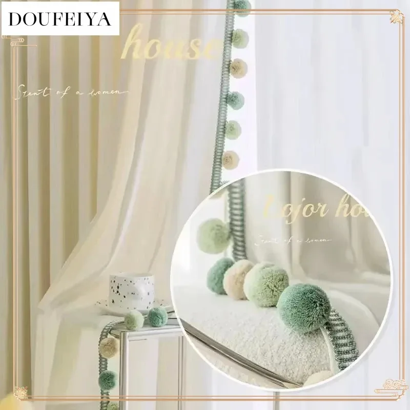 

French Luxury Curtains for Living Room Bedroom Children's Room Royal Silk Velvet Cream Forest Pom Pom Elegant Lovely Decoration
