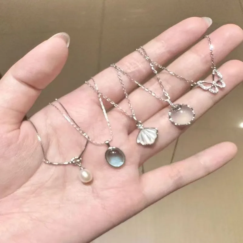 

Korean Oval Aquamarine Moonstone Pendant Necklace For Women Girls Luxury Clavicle Chain Ins Style Fashion Collar Jewelry Gifts