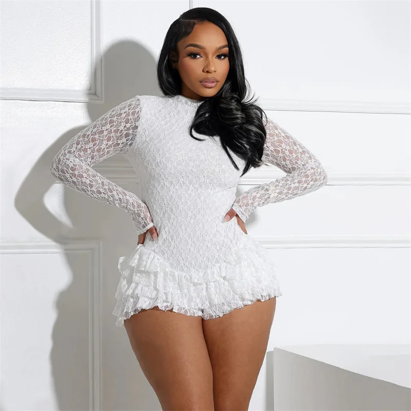 Black white Lace Romper Jumpsuit Woman Playsuit Open Back Long Sleeve Ruffles One Piece Night Club Birthday Outfits Body Suit