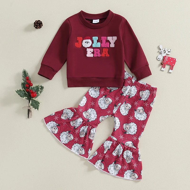 Carta de Natal Bordado Top e Calças Flare Set, roupas de bebê menina, trajes de Papai Noel da criança, roupas infantis