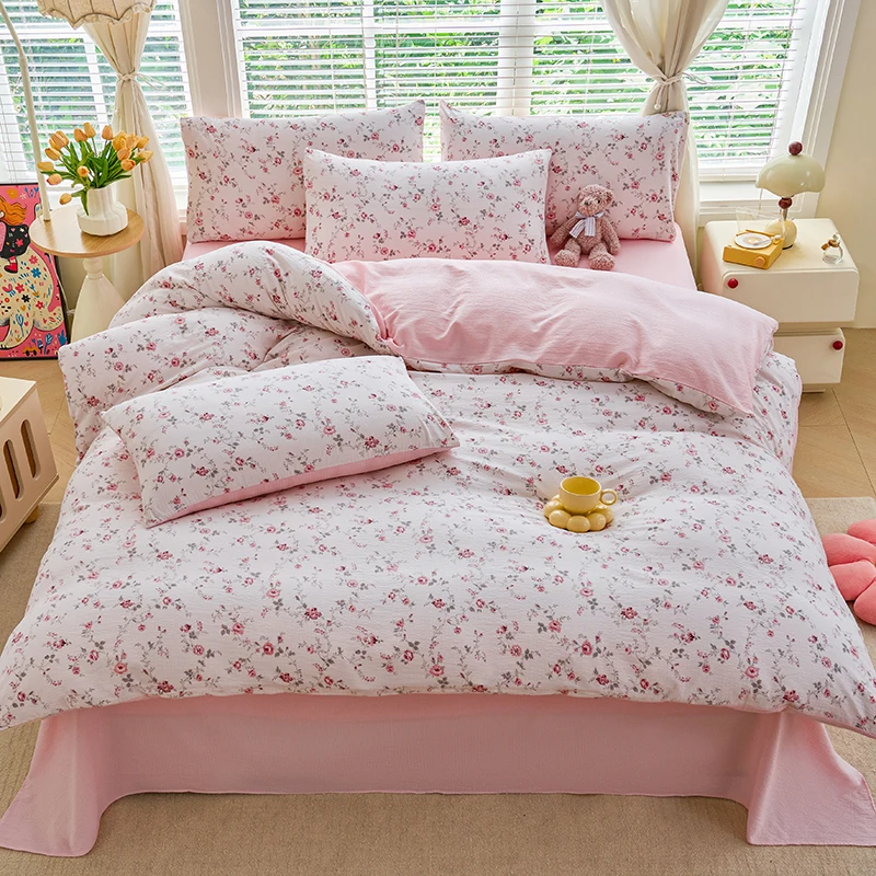 Ins-style Bedding Set Pink Floral Fragments Soft Duvet Cover Set Sheet Set King Queen Size for Home Bedroom Decor Bithday Gift
