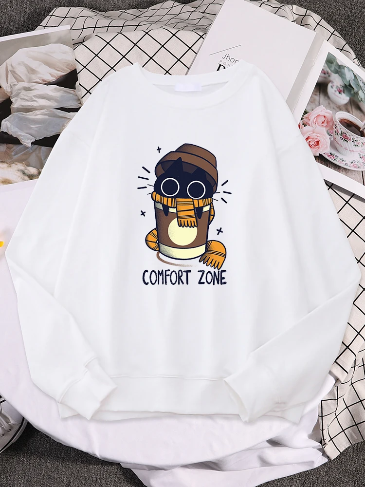 Ladies Sweatshirts Milk Tea Is A Comfort Zone For Black Cats Print Top Female Fashion Pullover Autumn Kawaii Animal Womans Hoody