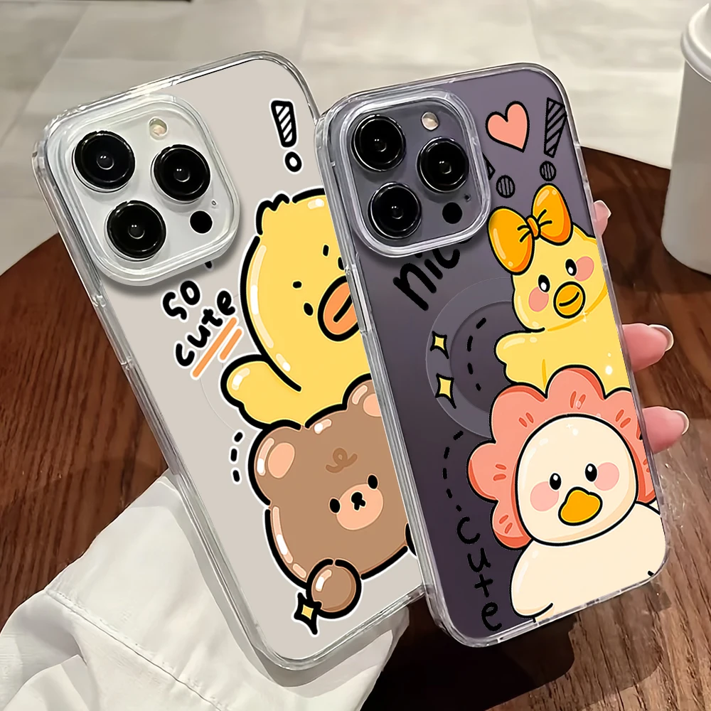 Cartoon Duck Phone Case For iPhone 11 12 13 14 15 16 Pro Max Plus Magesafe Magnetic Transparent Charge Soft Shell