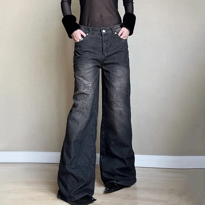 

European and American street washed and aged casual wide-leg trousers, trendy, niche, loose, slimming and versatile jeans