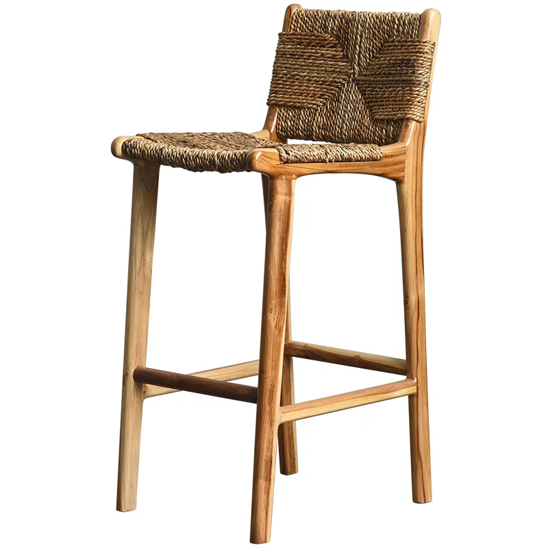 

Solid wood high chair rattan, leisure bed and breakfast bar chair, cafe home dining chair, stool saddle leather Nordic