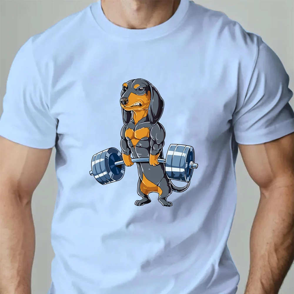 Gym T-Shirt 100% Cotton Men's Round Neck Tshirt Funny Muscle Dachshund Lifting Barbell Print Casual Sports Breathable Tee