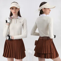 Golfist Spring Golf Women Long-sleeve T-shirt Striped Polo Shirt Tops Lady Double Layer Pleated Golf Skirt Autumn Skorts Outfits