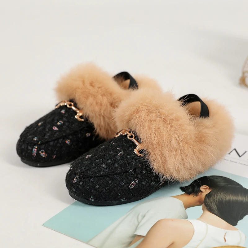 AS Kids Shoes Children Fur Slides Baby Girls Slip On Outdoor Slippers Toddler Boys Black Brand Flats Soft Princess Slides New