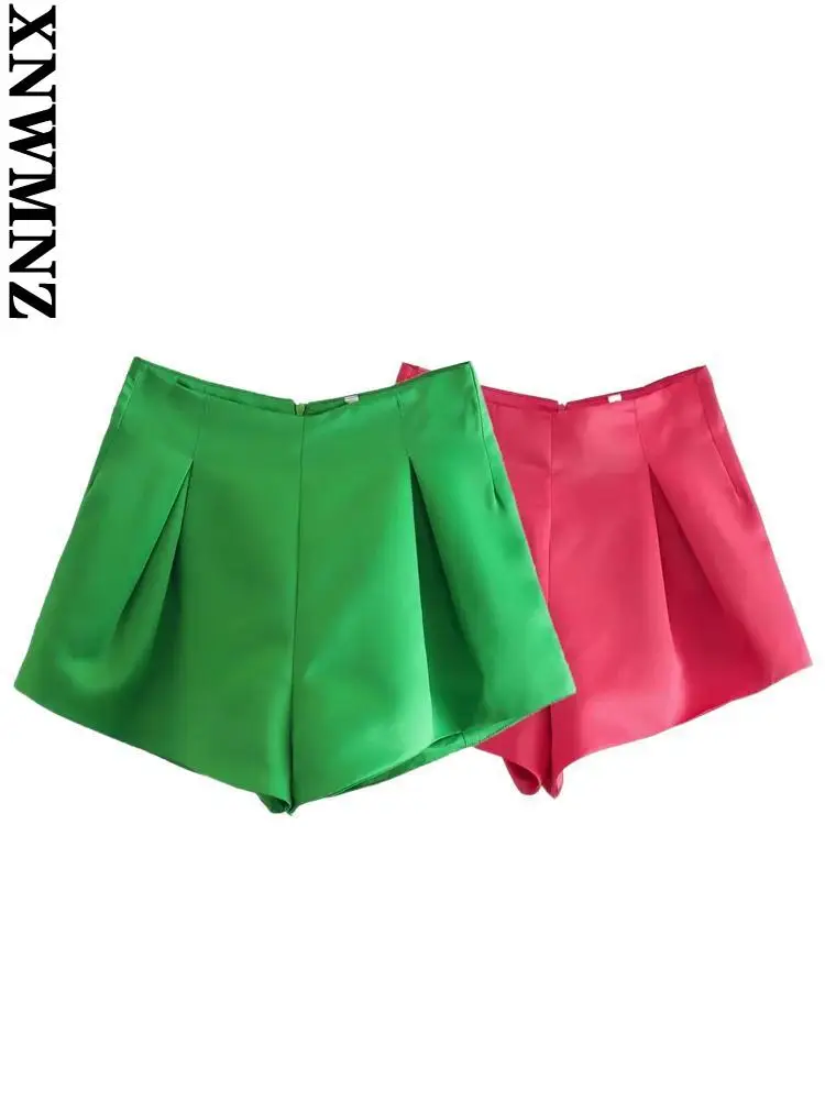 

XNWMNZ short femme Green Red Women Fashion Front Pleated Bermuda Shorts Vintage High Waist Back Zipper Female Short Pants Mujer