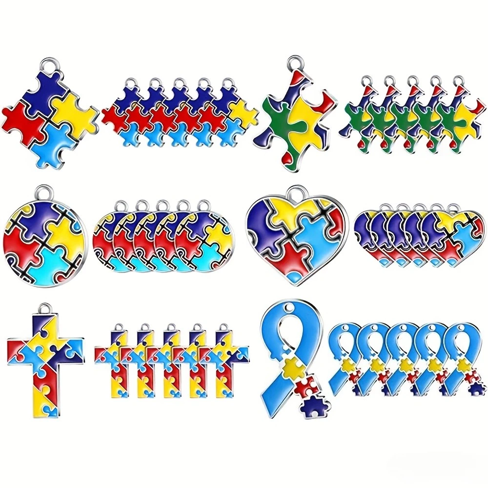 36 pieces of autism pendants, jigsaw puzzle pendants, jigsaw puzzle autism alloy pendants, used for jewelry making. DIY necklaces, bracelets, keychains, and craft items with half-open rings.