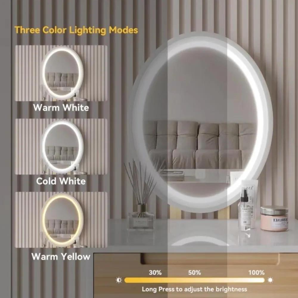 مكتب مكياج خشبي مقاس 24 بوصة مع مرآة وكرسي مضاء قابل للتعديل، مجموعة كاملة مع أدراج لخلع الملابس #4