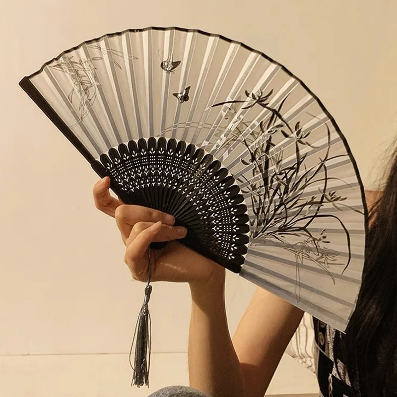 Vintage Folding Fan Chinese Style Flower Pattern Art Hand Held Fans Wedding Party Dance Classic Hanfu Decorated Crafts