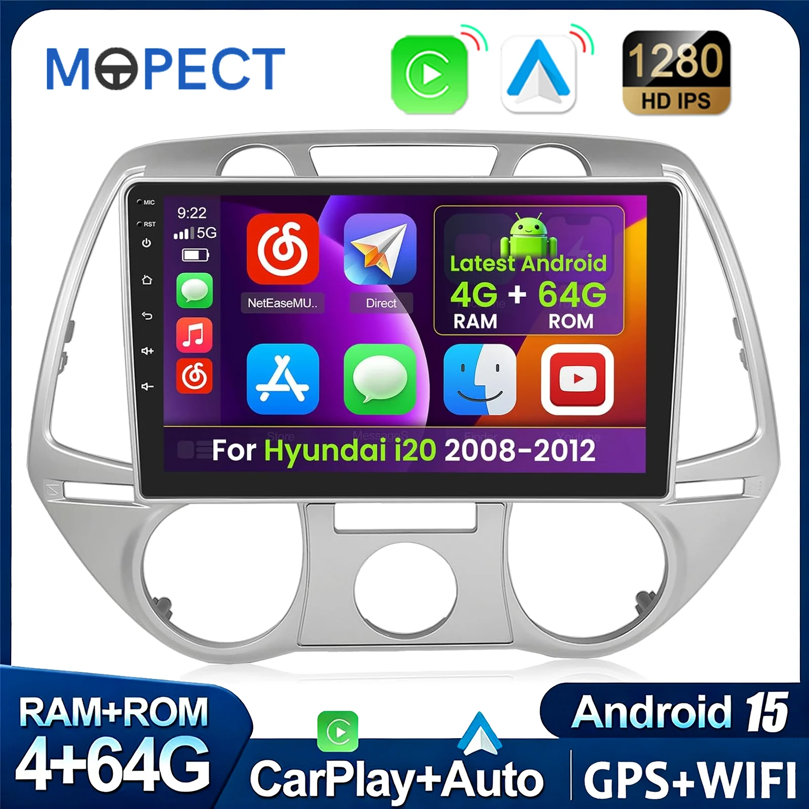 MOPECT Autoradio Android Wireless CarPlay per Hyundai I20 2012-2014, Sistema Intelligente con WIFI, SWC, RDS, GPS, FM/AM, BT, DAB+