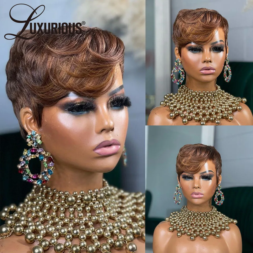 Ginger Colored Lace Wigs 100% Human Hair Short Pixie Cut Bob Wigs With Bang For Black Women Burgundy Human Hair Wigs