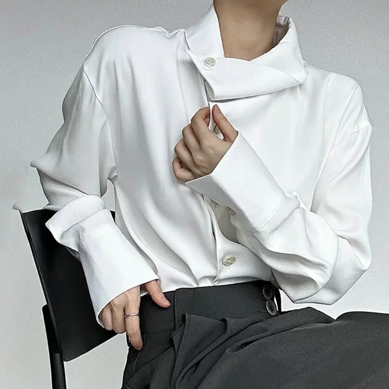 Spring New Men's Long Sleeve Solid Color Shirt Elegant Retro High-End Fashion Loose Neckline Design Irregular Men's Tops