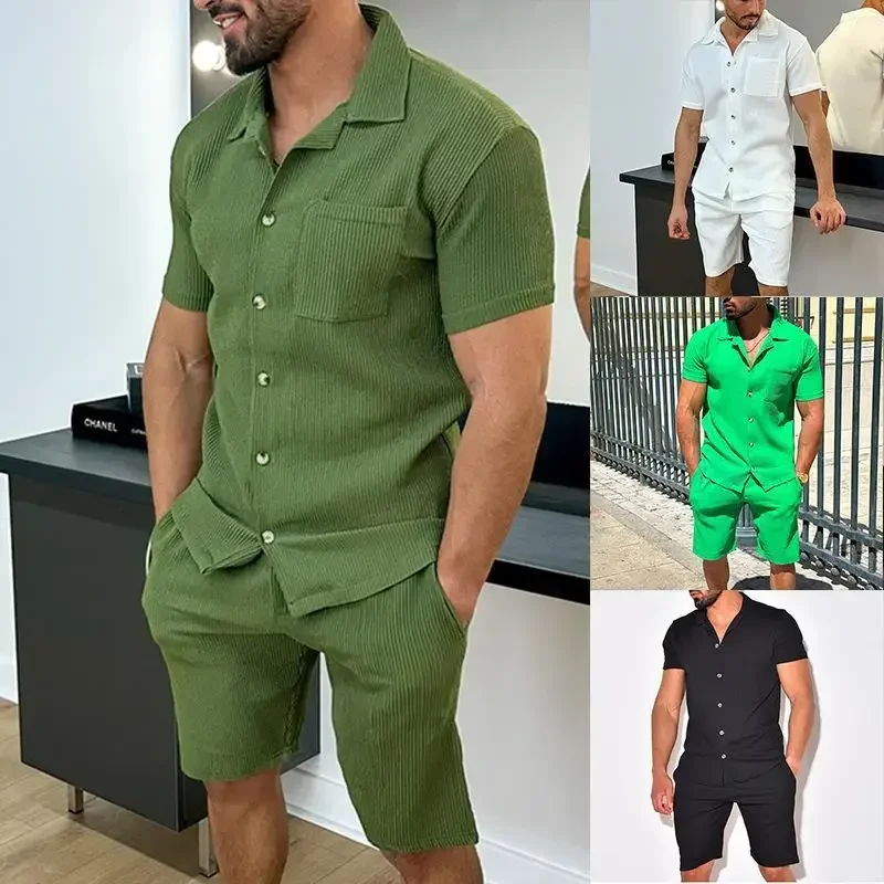 Shorts e camisas de botão casuais masculinas, conjuntos de colarinho para baixo, monocromáticos, macios, de peito único, solto, terno de duas peças,