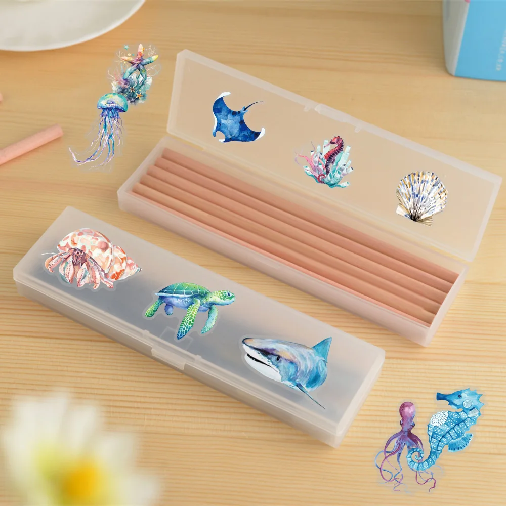 50 個透明 PET 海洋動物ステッカー電話スーツケースノートブック文具装飾、防水ステッカー