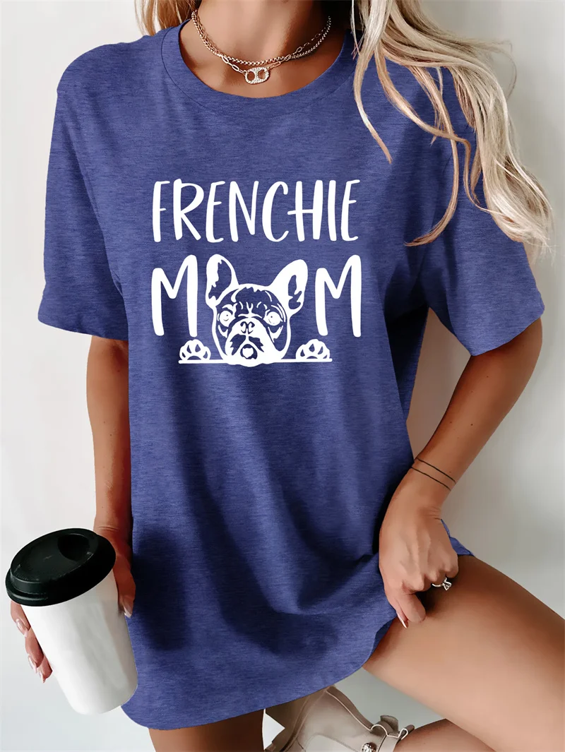 New summer cotton cute frenchie mom letter-print base shirt fashion vintage crew neck short sleeve T-shirt top